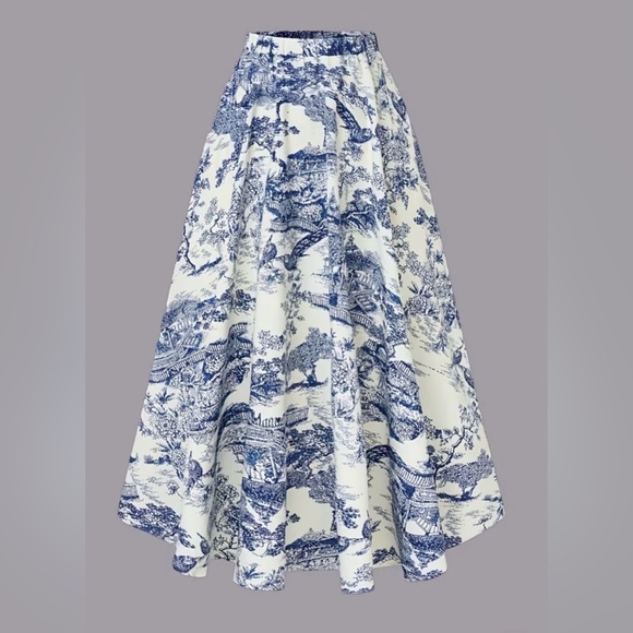 NEW| Women’s Chic Plus Size Vintage Printed Blue and White Scenic Midi Skirt - Picture 4 of 5